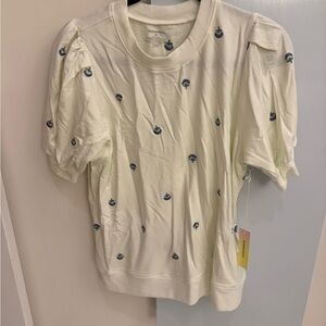 Summersalt Cream Puff Sleeve Sweatshirt with Blue Embroidery